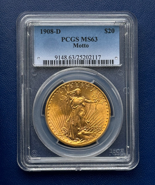 1908-D $20 Saint Gaudens  PCGS MS63 Motto