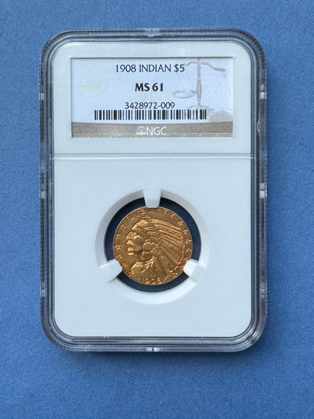 1908 $5 gold indian head half eagle NGC MS 61