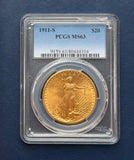 1911-S Gold $20 Saint Gaudens PCGS MS63