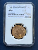 1908 D No Motto $10 Indian Gold Eagle NGC MS 61