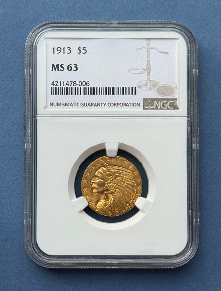 1913 $5 Indian Head Half Eagle NGC MS 63