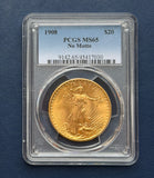 1908 $20 Gold Saint Gaudens Double Eagle PCGS MS65 No Motto