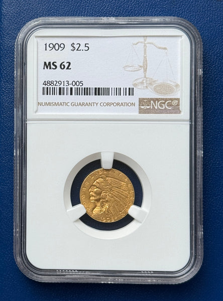 1909 $2.50 Gold Indian Quarter Eagle NGC MS62