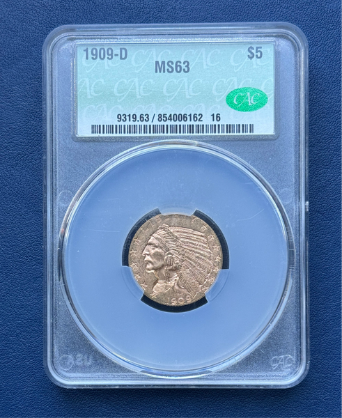 1909-D Gold $5 Indian CAC MS63