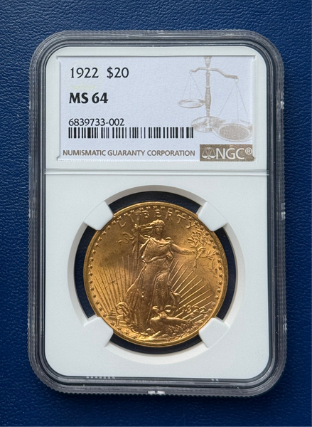 1922 $20 Saint Gaudens Gold Double Eagle NGC MS 64