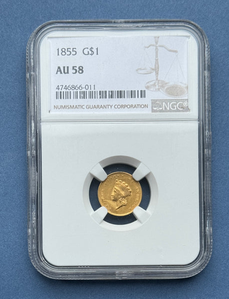 1855 G$1 NGC AU58