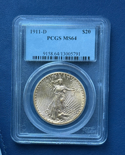 1911-D $20 Saint Gaudens Double Eagle PCGS MS64