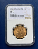 1908 D No Motto $10 Indian Head NGC MS61