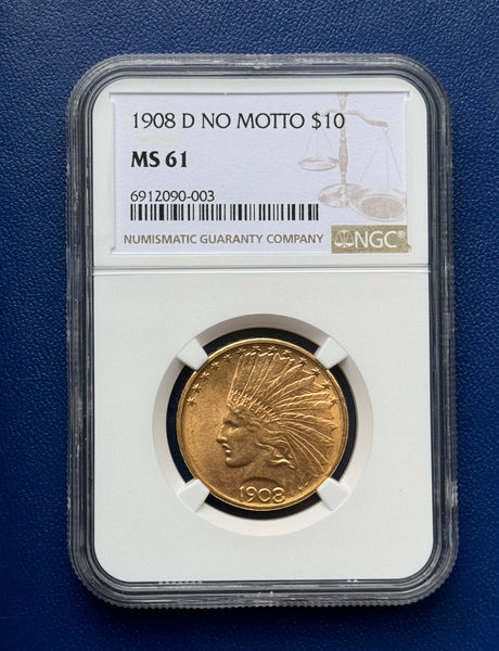 1908 D No Motto $10 Indian Head NGC MS61