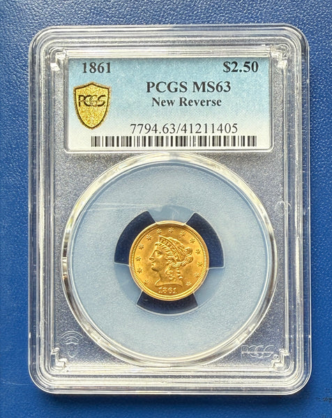 1861 $2.50 Gold Liberty Quarter Eagle PCGS MS63 Shield New Reverse