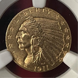 1911 US $2.50 Gold Indian Head Quarter Eagle NGC MS 63